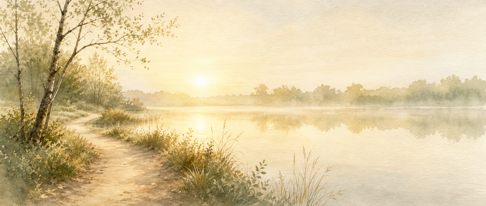 Akvarel panorama — mirna staza pored jezera u zoru, mekano sunčevo svjetlo, blaga magla
